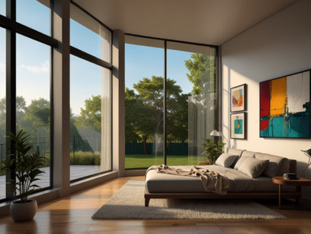 Interior of modern living room with window view. 3d renderingの写真素材