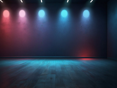 Interior of empty room with red and blue spotlights. 3D rendering
