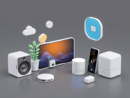 3D rendering of a set of smart home appliances on gray background