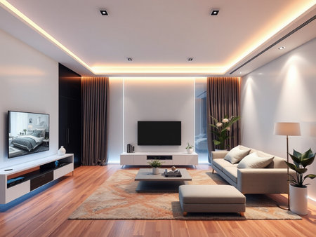 Interior of modern living room with sofa and TV 3D rendering