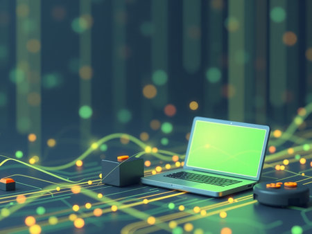 Laptop with green screen on circuit board background. 3d render
