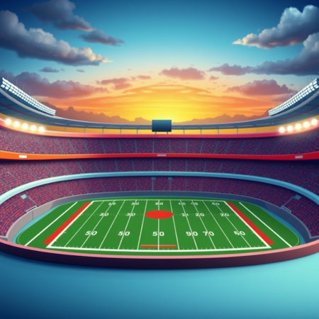 3D render of a round football stadium with red seats and VIP boxes