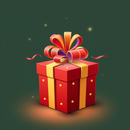 Gift box with red ribbon on green background. Vector illustration.の写真素材
