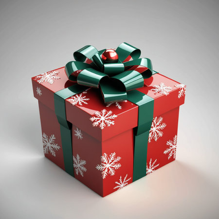 red gift box with green bow 3d render on gray background with shadowの写真素材