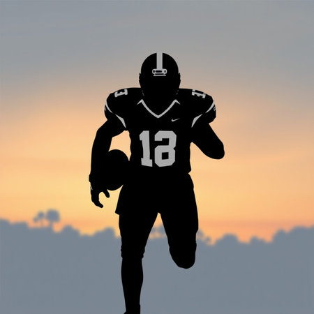 American football player on sunset sky background. Silhouette illustration.の写真素材