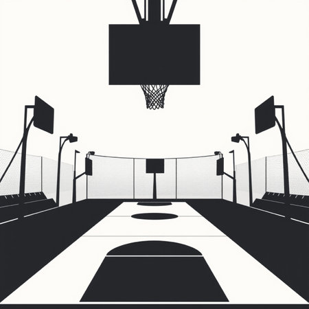Basketball court with net and ball. Black and white vector illustration.の写真素材