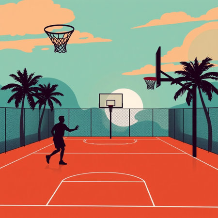 Silhouette of a man playing basketball on a tennis court. Vector illustrationの写真素材
