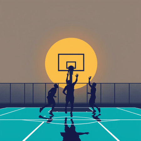 Silhouette of people playing basketball at sunset. Vector illustration.の写真素材