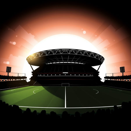 Soccer stadium at sunset with fans. Vector illustration for your designの写真素材