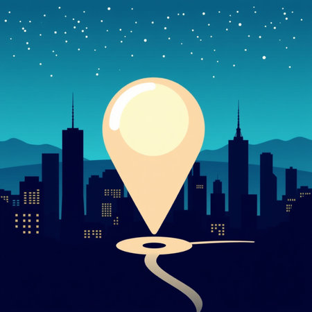 Illustration of a city at night with a map and a pointerの写真素材