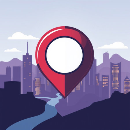 Vector illustration of a map pointer with a cityscape in the backgroundの写真素材
