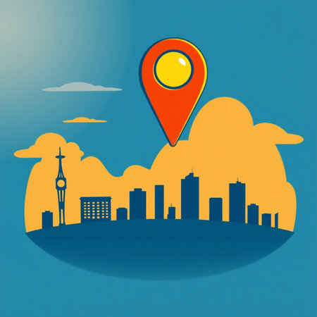 City skyline with pin location icon. Vector illustration. Eps 10.