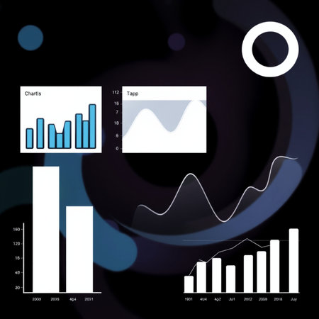 abstract background with business charts and graphs in black and blue colorsの写真素材