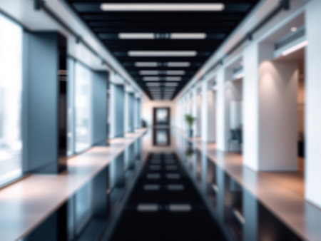 Blurred image of a corridor in a modern office building. Abstract background.の写真素材