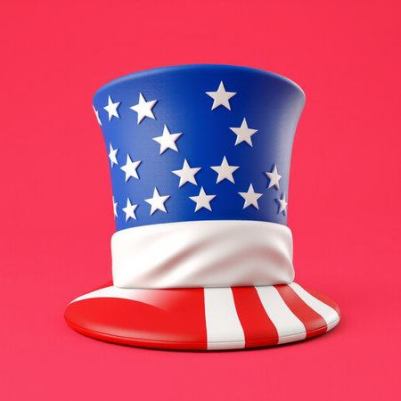Patriotic hat with american flag isolated on red background. 3d illustrationの写真素材