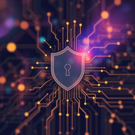 Cyber security concept. Shield with keyhole on circuit board background. Vector illustration