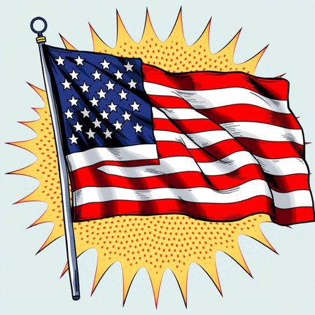 Flag of the United States of America waving in the wind on a flagpole. Vector illustrationの写真素材