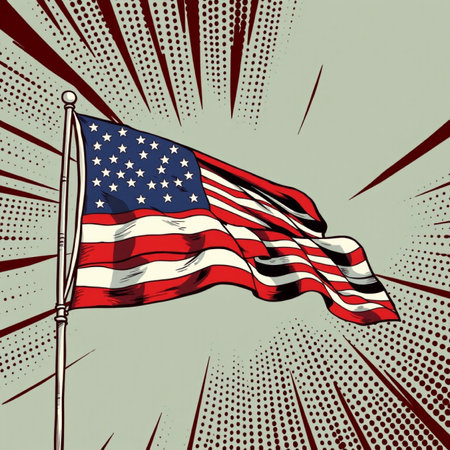 American flag waving in the wind on a flagpole, vector illustration