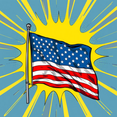 American flag waving in the wind on a background of the sun. Vector illustrationの写真素材