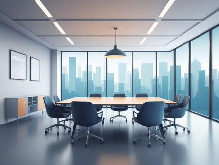 Interior of modern conference room with city view. 3D Rendering