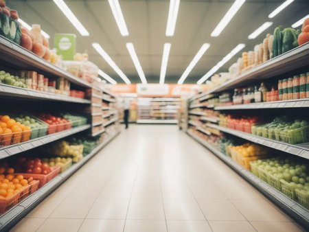 Supermarket blur background with bokeh defocused lights and shadowの写真素材