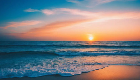 Beautiful sunset on the beach - Vintage filter and boost up color processingの写真素材