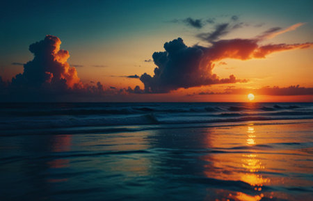 Beautiful sunset over the sea. Colorful sky with clouds.