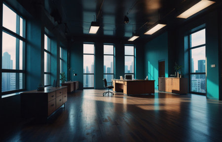 Interior of modern office with blue walls, wooden floor and rows of computer tables with chairs....
