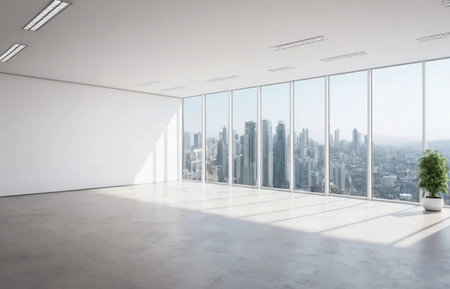 Modern office interior with panoramic city view. 3D Renderingの写真素材