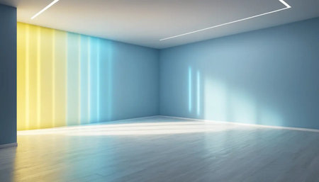 Empty room with blue walls and white floor. 3D rendering.