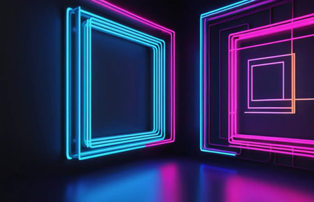 3d render, abstract background, neon lights, geometric shapes, neon lines, empty room, neon light