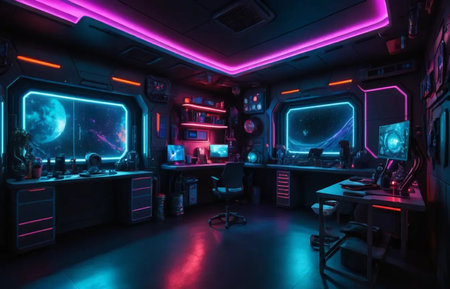 Futuristic dark room with neon lights and a lot of gaming equipmentの写真素材