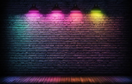Spotlights on brick wall. Night club interior. Vector illustration.