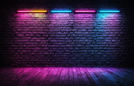 Purple neon lights on brick wall background. 3D Rendering