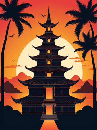 Pagoda on the beach at sunset. Vector illustration of a Buddhist temple in the tropics.の写真素材