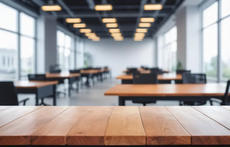 Empty wooden table and Coffee shop blur background with bokeh image.の写真素材