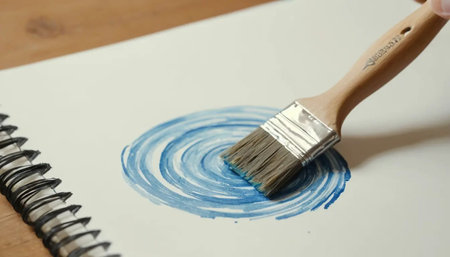 Painting a blue circle with a paintbrush on a white notebookの写真素材