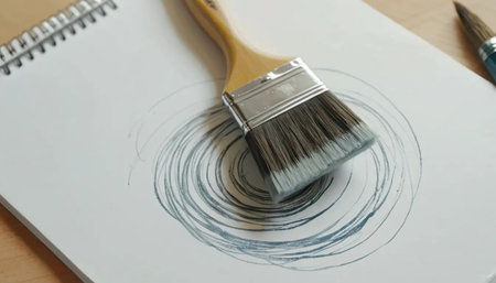 Paint brush with blue ink on a white sheet of paper.の写真素材
