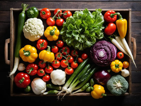 Fresh vegetables in a wooden box. Healthy food background. Top view.の写真素材