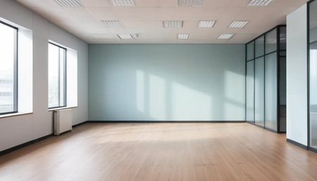 Empty room with green wall and wooden floor. Nobody inside. 3d rendering