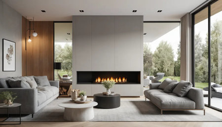Interior of modern living room with fireplace and sofa 3D rendering