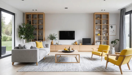 Interior of modern living room with yellow armchairs and tv. Nobody inside