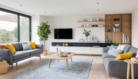 Interior of modern living room with grey sofa, coffee table and tv
