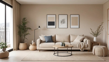 Living room interior design with beige sofa, coffee table and two posters on wall. 3d rendering