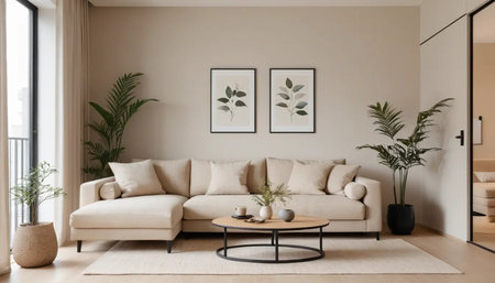 Modern living room with beige sofa, coffee table and plants. 3d render