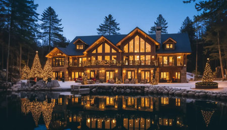 Luxury chalet on the lake at night. Winter holiday concept.