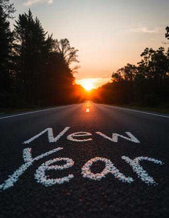 Asphalt road with the word new year written on it at sunset