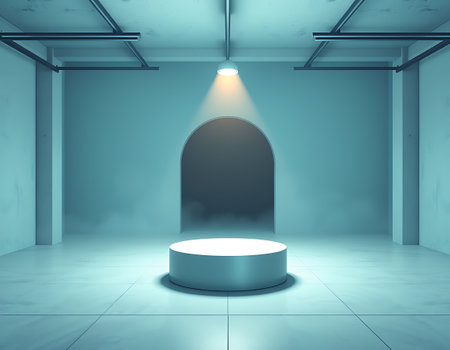 Abstract scene with podium and spotlights, 3d render, square imageの写真素材