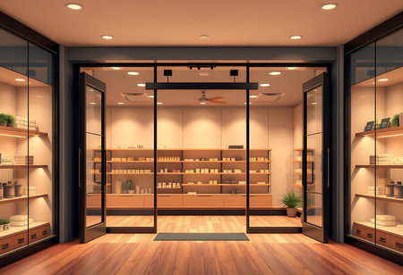 3d render of modern drugstore interior with glass door and shelves