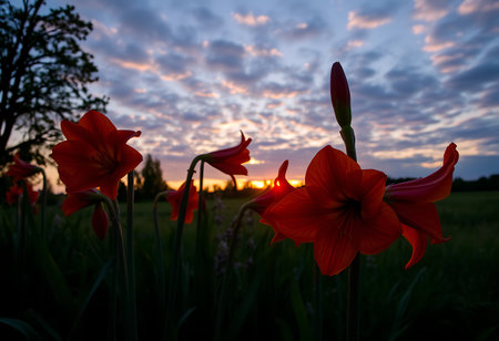 Beautiful red amaryllis flowers in the field at sunsetの写真素材
